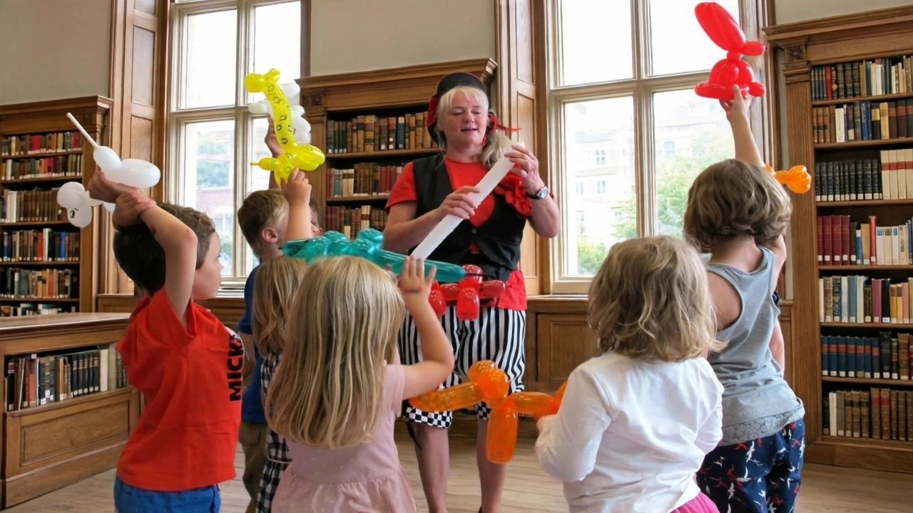Kinder mit selbstgemachten Ballonfiguren in der Bibliothek