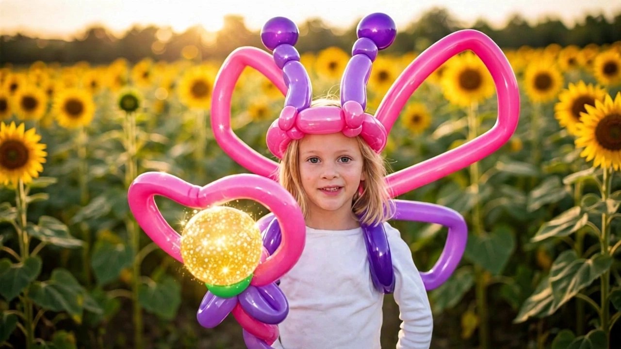 Mädchen mit Ballon-Schmetterling im Sonnenblumenfeld