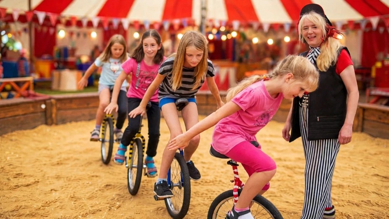 Zauber-Zirkus: Kinder üben Einradfahren mit Andrea Hardy
