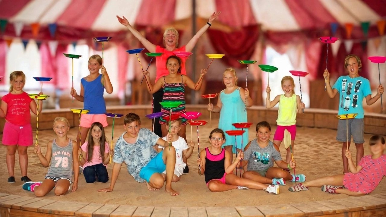 Zauber-Zirkus: Gruppenfoto mit Tellern im Zirkuszelt