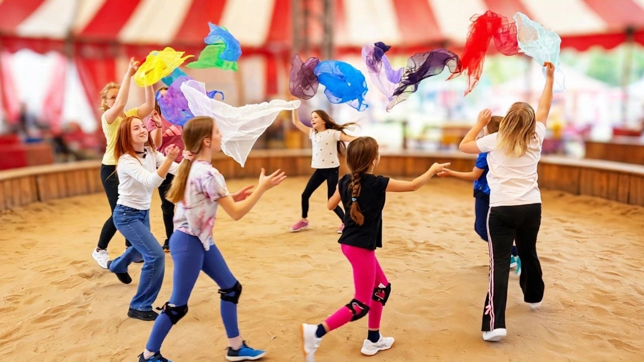 Zauber-Zirkus: Kinder tanzen mit bunten Tüchern in der Manege
