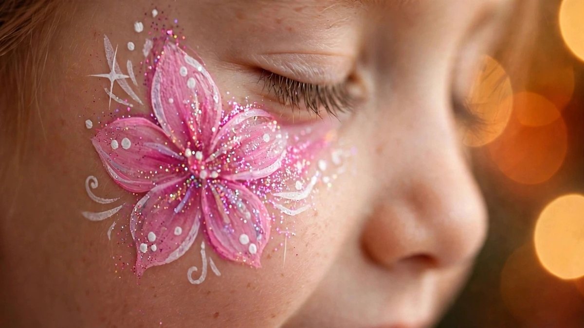 Kinderschminken: rosa Blüte mit Glitzer auf der Wange