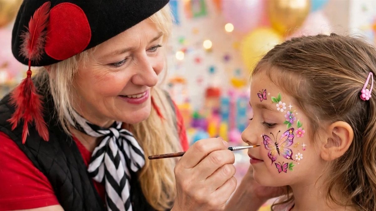 Andrea Hardy schminkt einem Mädchen Schmetterlinge und Blumen