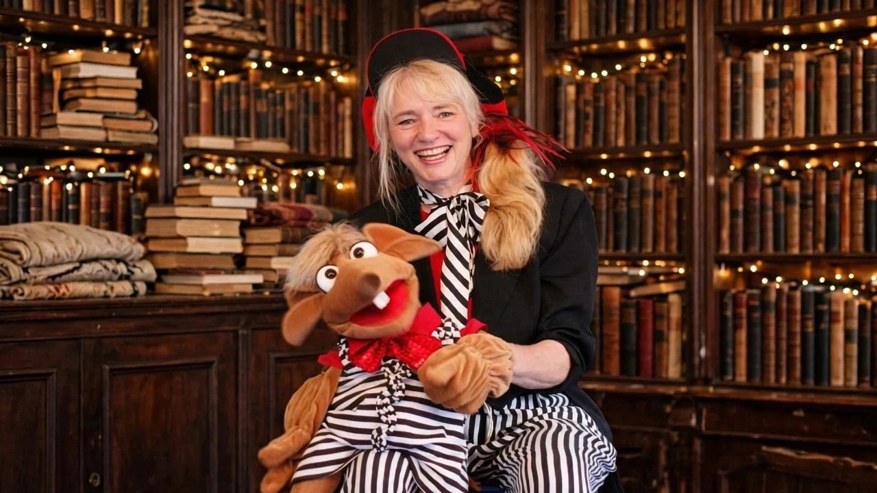 Andrea Hardy mit Rudi der Zaubermaus lacht in die Kamera