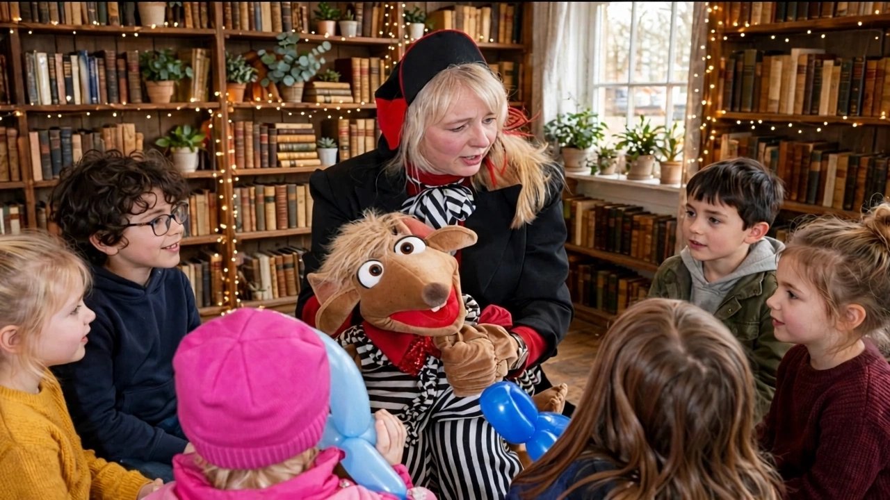 Kinder und Andrea Hardy mit Rudi in der Zauberbibliothek