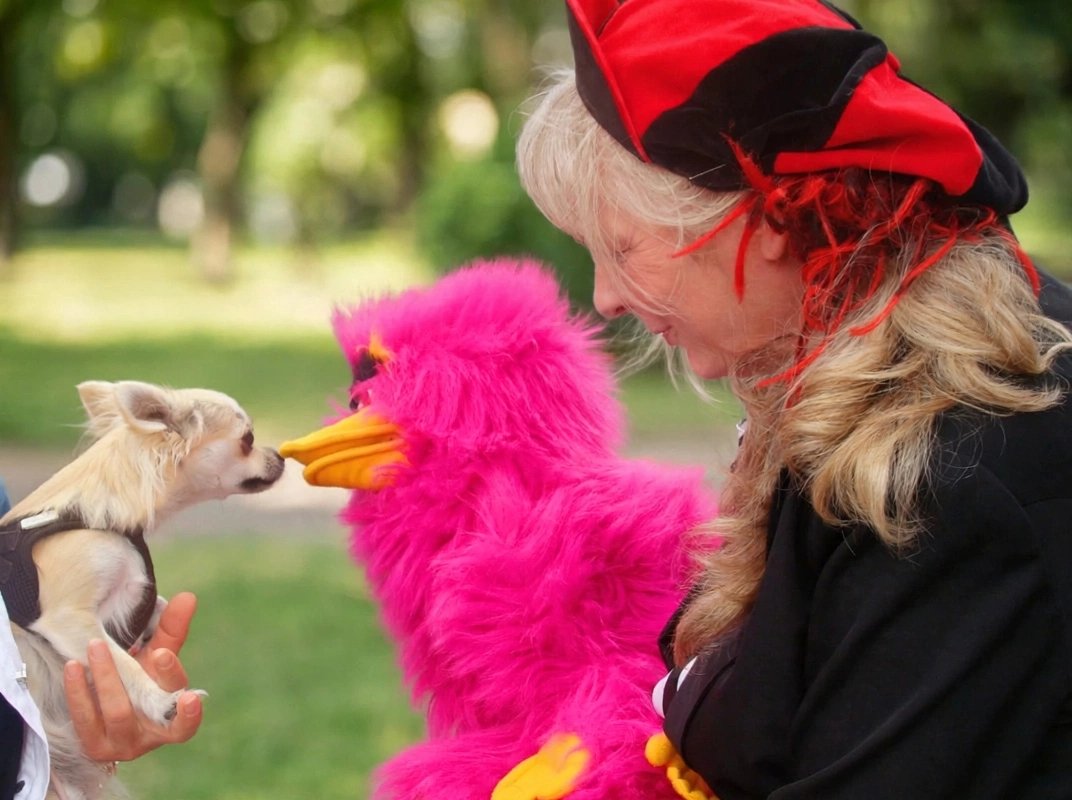 Paradiesvogel-Handpuppe Lilou begrüßt einen kleinen Hund