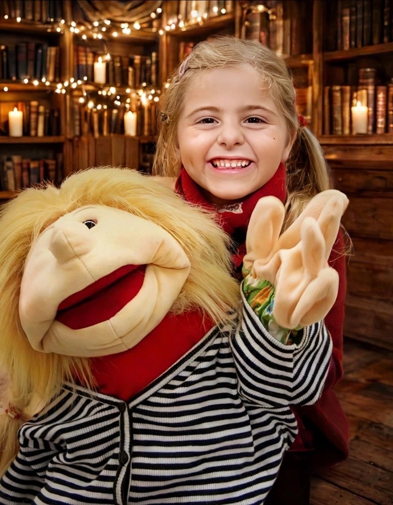 Strahlendes Mädchen mit der Handpuppe Lilou