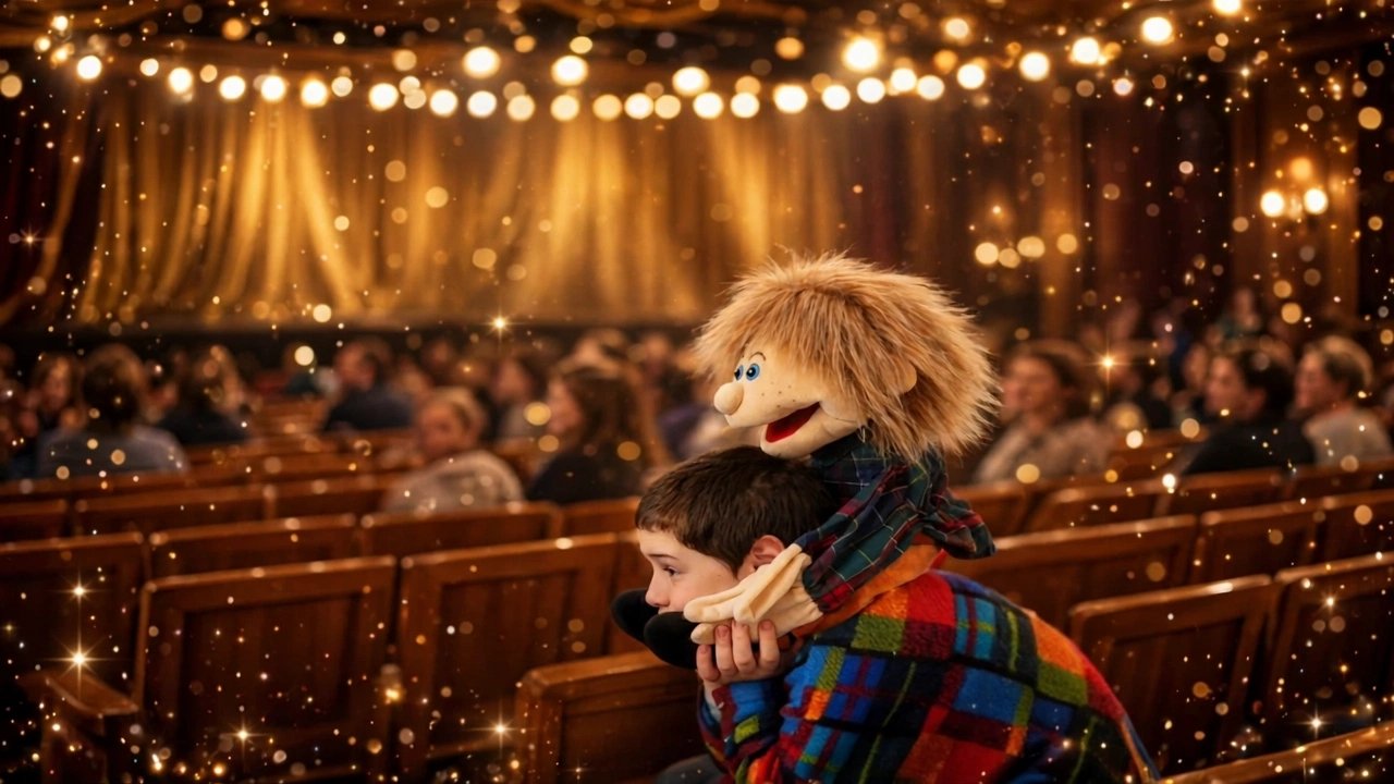 Handpuppe Felix im Zaubertheater mit Kind im Publikum
