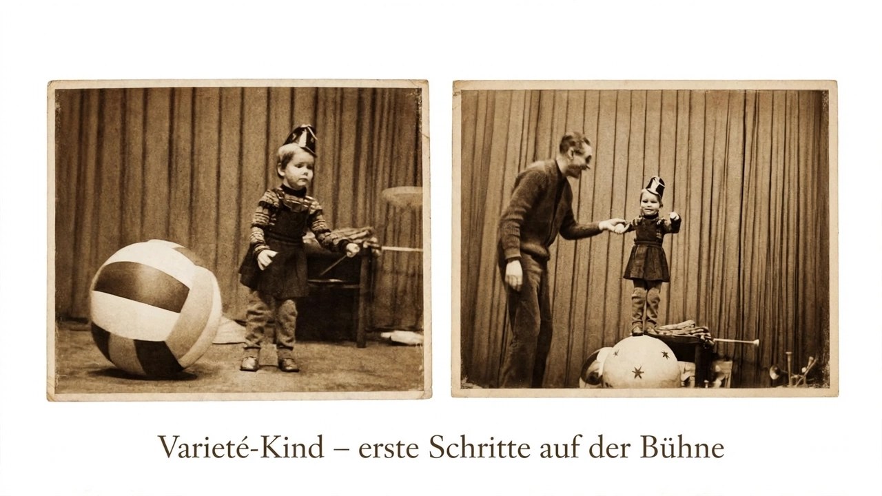Varieté-Kind – erste Schritte auf der Bühne: Andrea Hardy als kleines Mädchen mit Ball und mit ihrem Vater